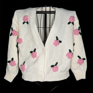 Luna Ivy Cream Cardigan M 3D Knit Rose Appliqué Floral Cottagecore Soft Girl